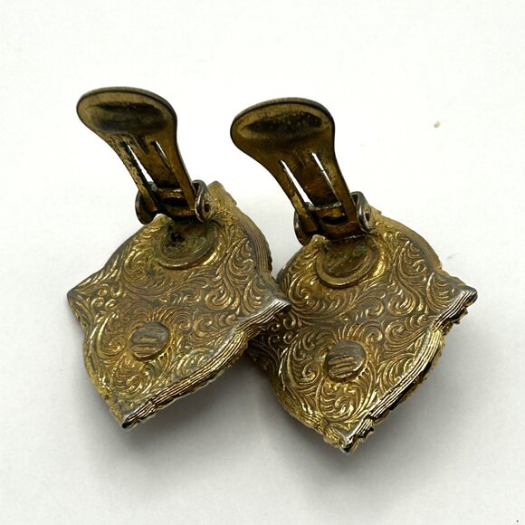 Vintage 1928 Brooch Clip On Earrings Set Faux Moonstone & Pearl Gold Tone - Picture 7 of 12